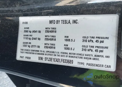 2020 Tesla Model 3 Standard Range Plus Rear-Wheel Drive/Standard Range Rear-Wheel Drive из США, поврежденный, VIN 5YJ3E1EA2LF633689